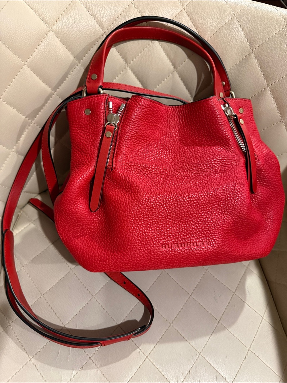 Burberry Red Pebbled Leather Shoulder Bag with Dual Straps